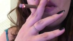 Chubby Pale Brunette Nubile Smoking Grape Cigarillo Close Up Sensuous Lips