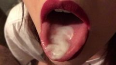 Nubile Red Lipstick Closeup Blowjob, Jizz On Tongue And Swallow