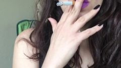 Provocative Close Up Goddess D Smoking Cork Tip 211 Cigarette In Purple Lipstick