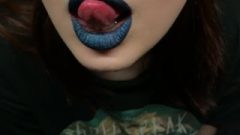 Blue Lipstick Closeup Blowjob, Spunk On Tongue, Swallow